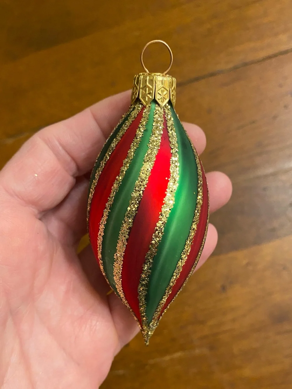 VTG Slovakia Glass Teardrop Christmas Ornament Striped Red Green Gold Glitter